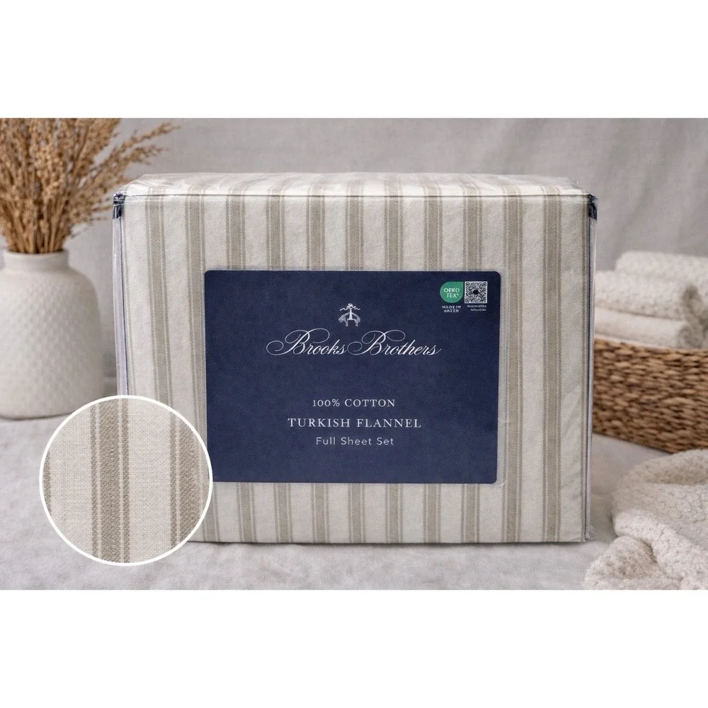 Brooks Brothers Luxury Turkish Cotton‎ Flannel Sheet Set Beige White Size Full